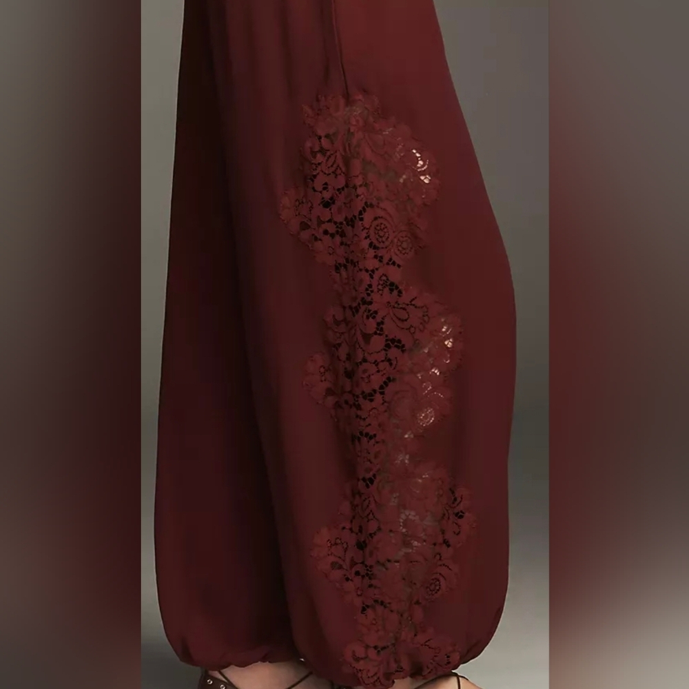 Anthropologie Dark Red Lace-Panel Balloon Pants - Picture 4 of 6